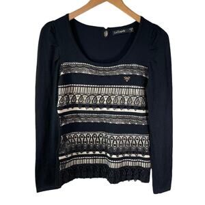 La Chapelle Women's Wool Blend Long Sleeve Lace Sweater Black Size XS